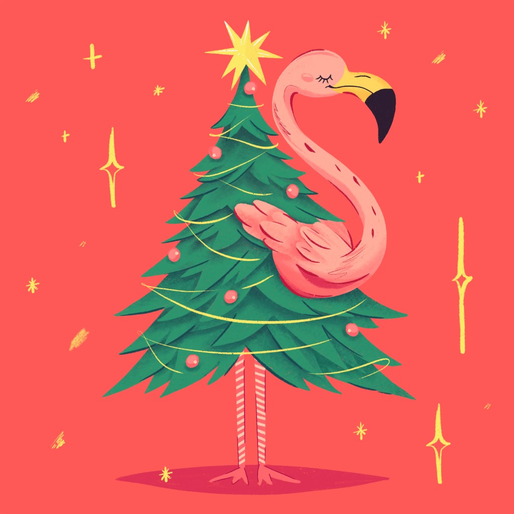 Flamingo bird illustration for J-Bird Christmas Card by Annie Fox Design