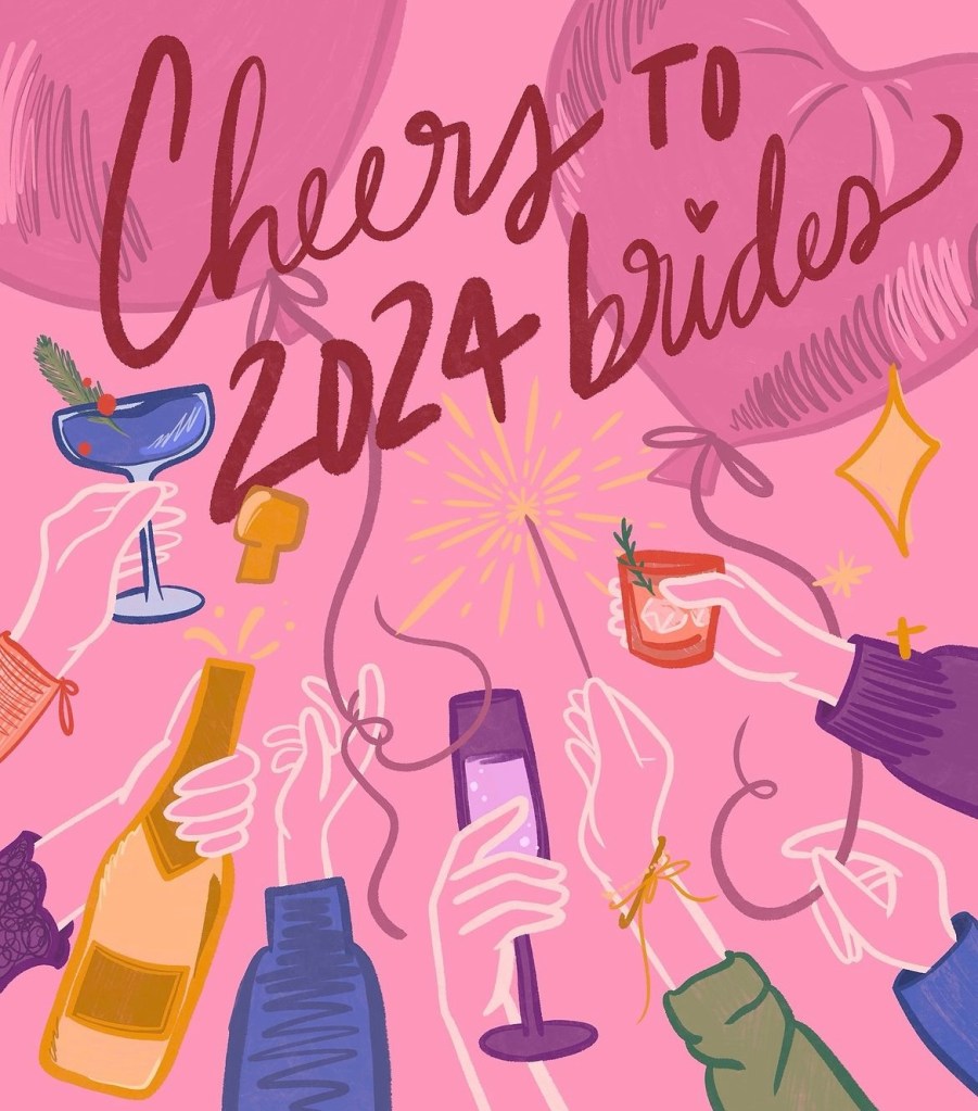 Custom hand-lettered social media engagement graphic for Vow’d Weddings by freelance graphic designer and illustrator Annie Fox Design. Features the celebrating phrase 'Cheers to 2024 brides' in a bold, wavy deep-red script. Multiple stylized hands toast with a champagne bottle, a blue cocktail, an ice-filled drink, a flute, and a blue bottle. Sparklers, heart balloons, and star shapes fill a pink textured background, creating a joyful bachelorette or engagement party aesthetic designed for Meta.
