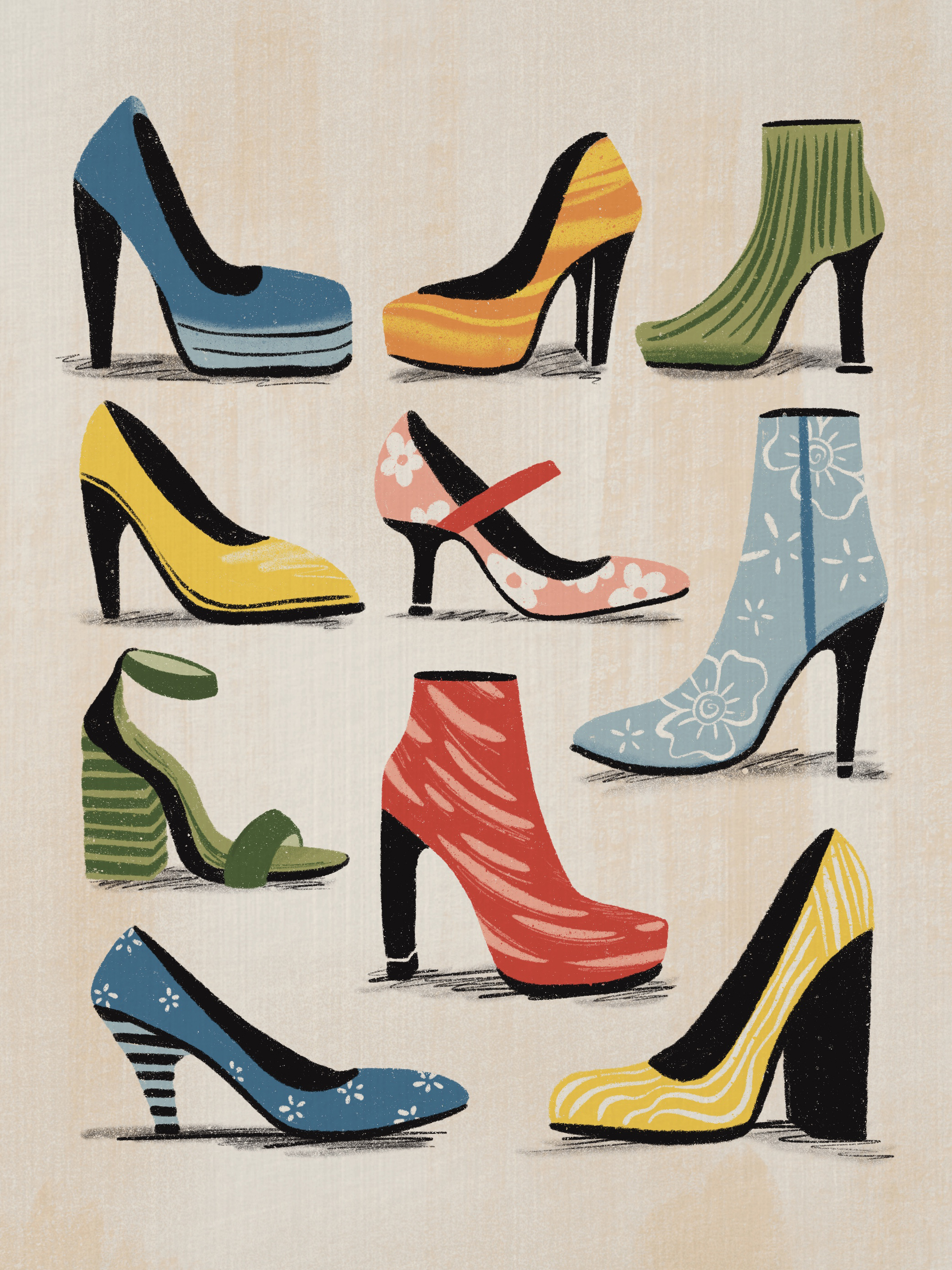 Illustration of a variety of high-heeled shoes and boots by freelance graphic designer and illustrator Annie Fox Design. Part of the Chicken in Heels collection, featuring colorful patterned footwear including floral, striped, and abstract designs in a textured, vintage-inspired art style.
