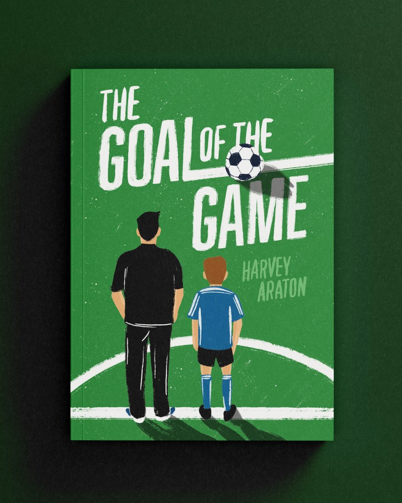 A digital illustration in a textured, print-maker style by freelance designer Annie Fox Design, suitable for art licensing. The artwork shows a young boy with his father, seen from behind, on a green soccer field with a white curved line marking. He wears a blue jersey with white trim and shorts. A soccer ball is on the lettering of the book title. The entire piece has a grainy texture against a solid green background.