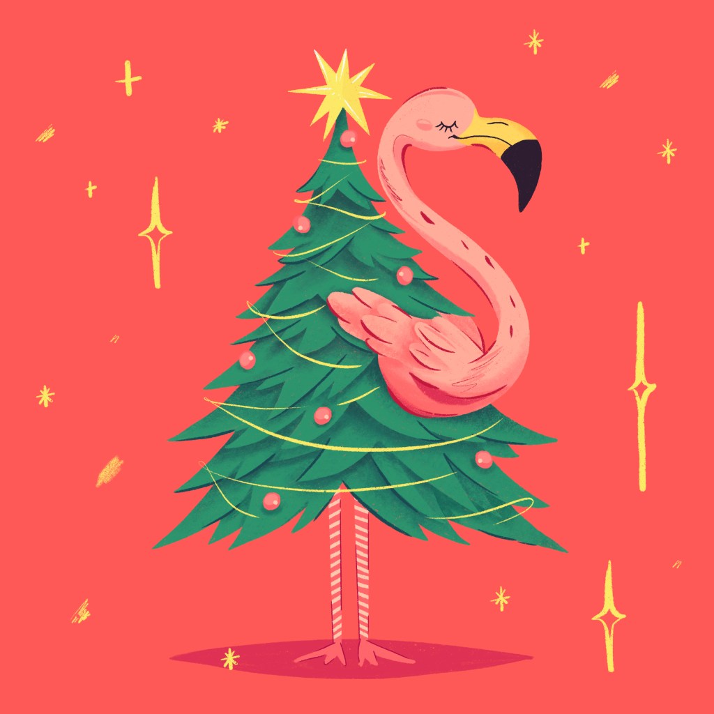 A whimsical Christmas flamingo illustration by J-Bird Digital Illustrations. A pink flamingo is playfully merged with a decorated green Christmas tree, featuring gold tinsel, pink ornaments, and candy-cane striped legs. Vibrant red background with gold stars and a digital grain texture, perfect for tropical holiday card inspiration and art licensing.
